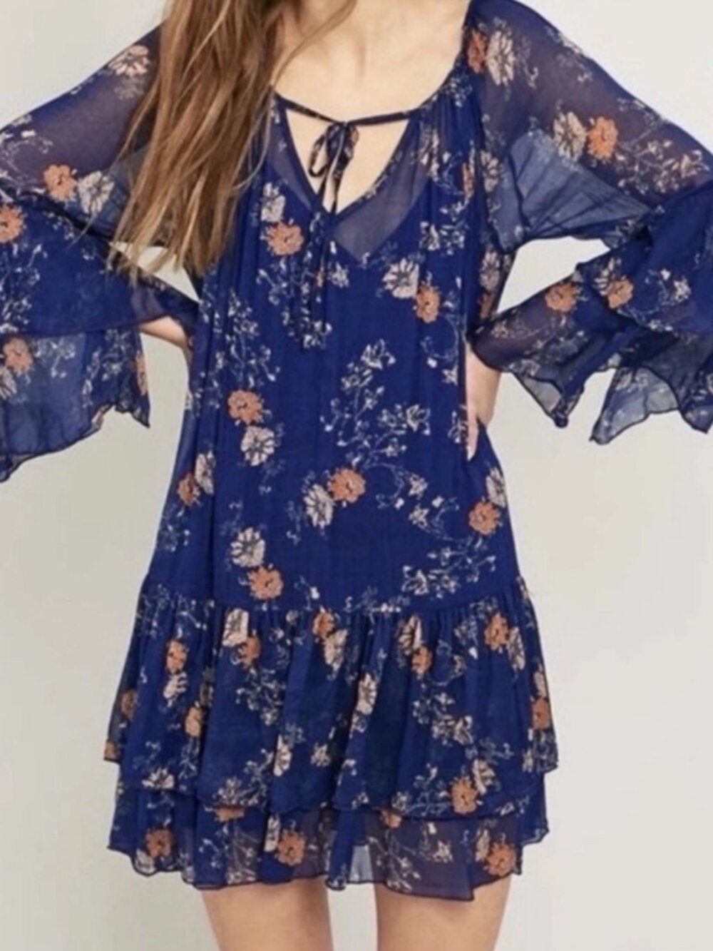 Free People SunSetter Dress Sz L Boho Tiered Ruffle Bell Sleeves Festival
